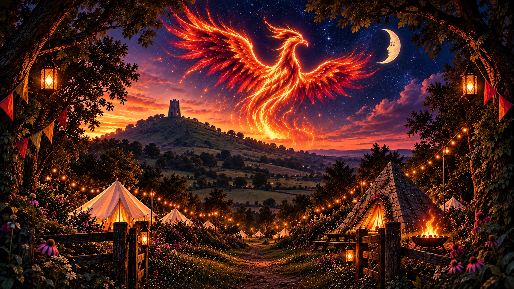 A fiery phoenix over Glastonbury Tor, with lanterns and glowing tents beside the path into the grove
